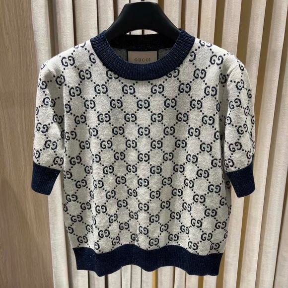 New Gucci 2025 GG monogram metallic Ivory and blue GG lamé jacquard knit top S - Picture 1 of 6